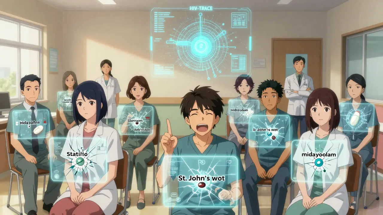 Diverse patients in a clinic surrounded by holographic drug interaction warnings and a glowing AI network.