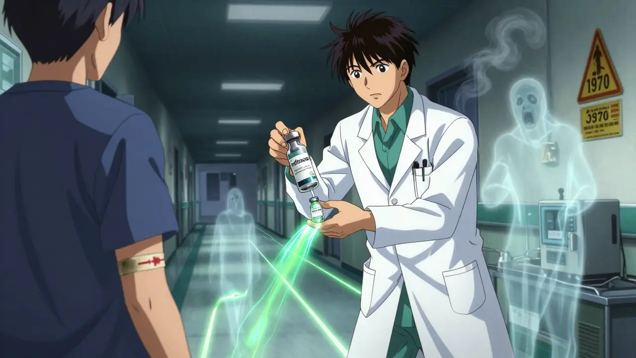 Doctor gives ceftriaxone to penicillin-allergic patient as outdated warnings fade into smoke in a hospital corridor.