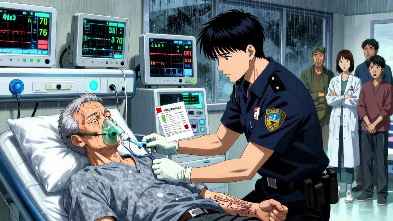 Emergency room staff administering reversal drug to elderly patient with monitors flashing.