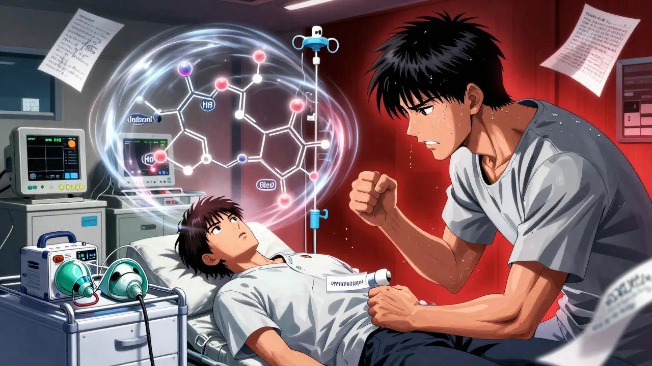 ER staff administering IV meds to patient as emergency equipment glows in background with chemical structures floating.