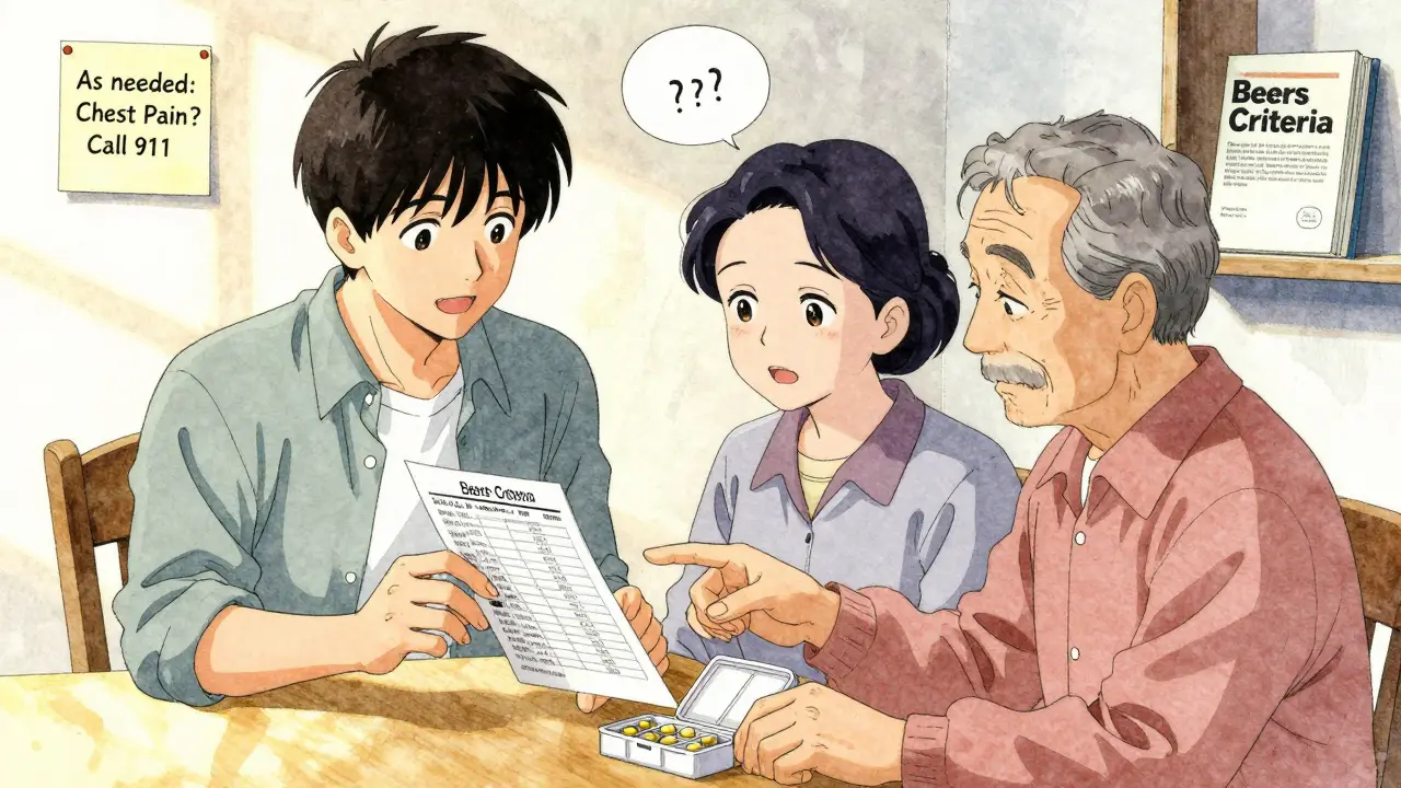 Family member checking medication list with elderly person at dining table on a Sunday morning.