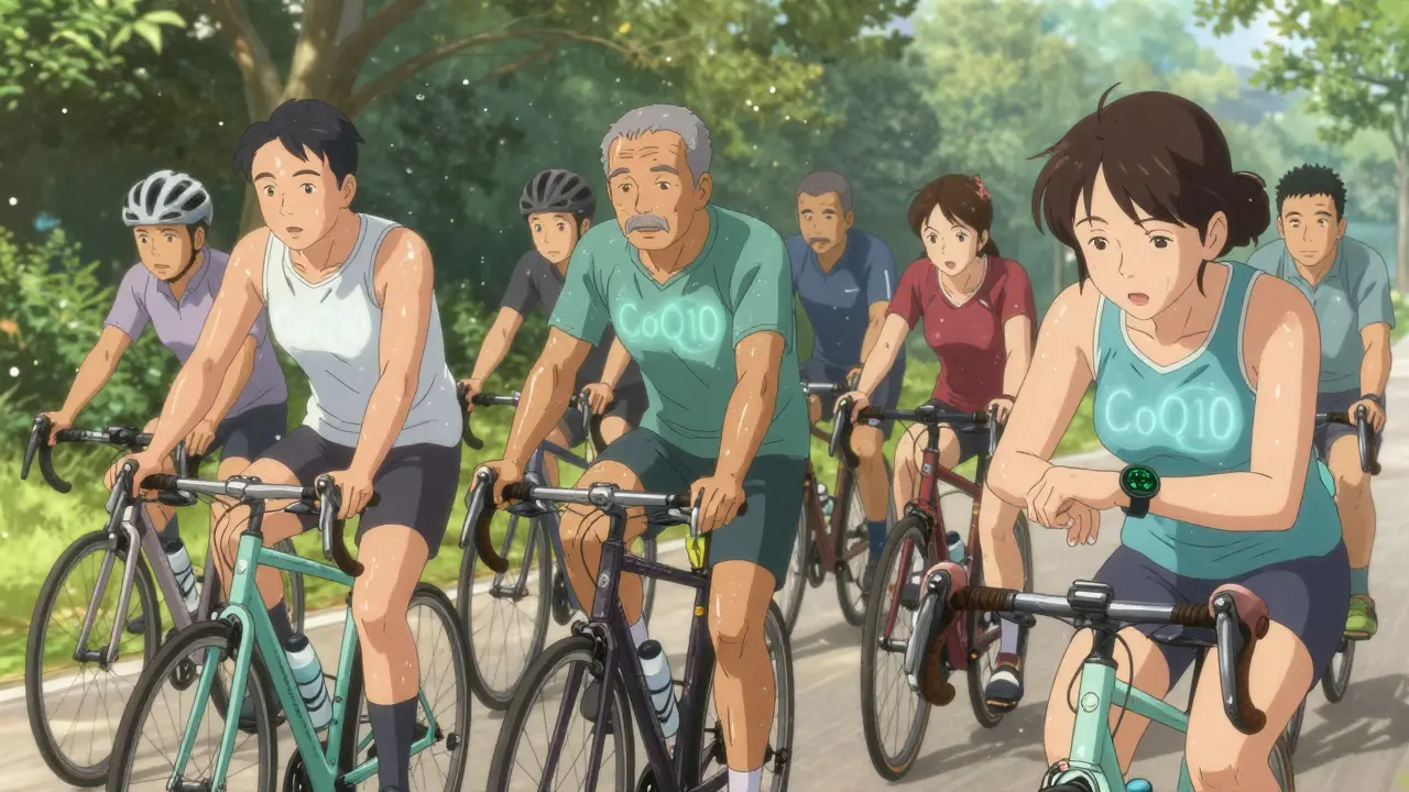 Group of adults cycling peacefully on a trail, with CoQ10 energy symbols fading from their muscles.