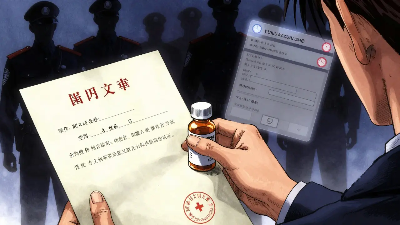 Hand holding doctor's letter next to Benadryl bottle, shadowy figures looming, legal warning glowing nearby.