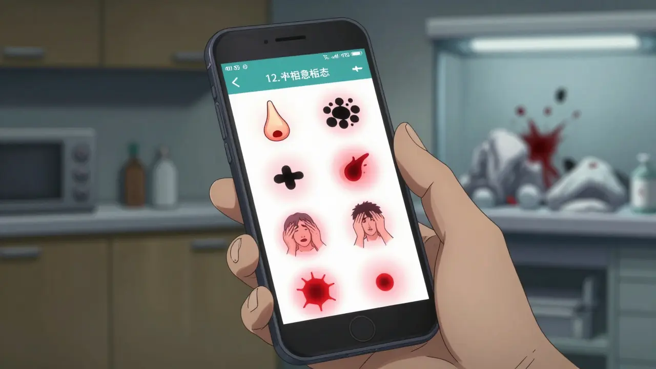 Hand holding phone showing bleeding warning signs, faint red icons glowing on screen.