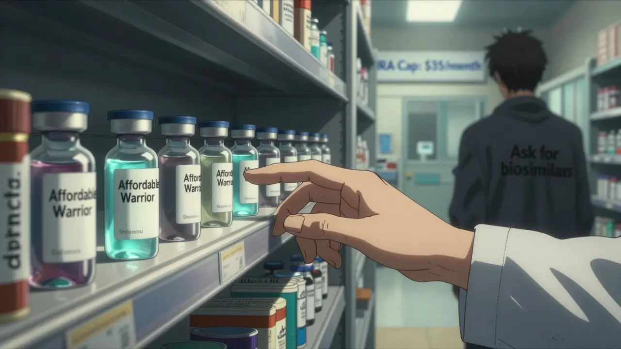 Insulin vials on a pharmacy shelf like weapons, hand reaching for affordable option under glowing  cap sign.