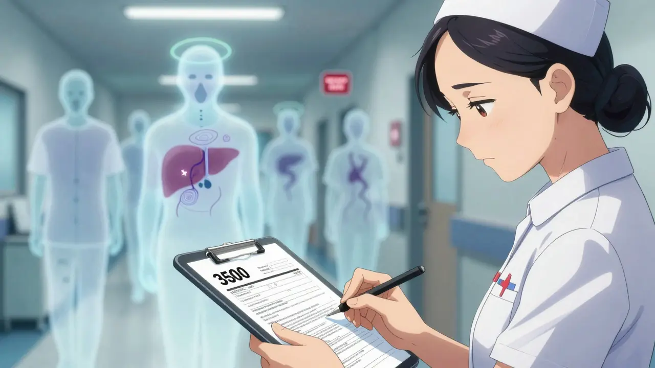 Nurse filling out MedWatch form as ghostly patient symptoms float behind her in a hospital hallway.