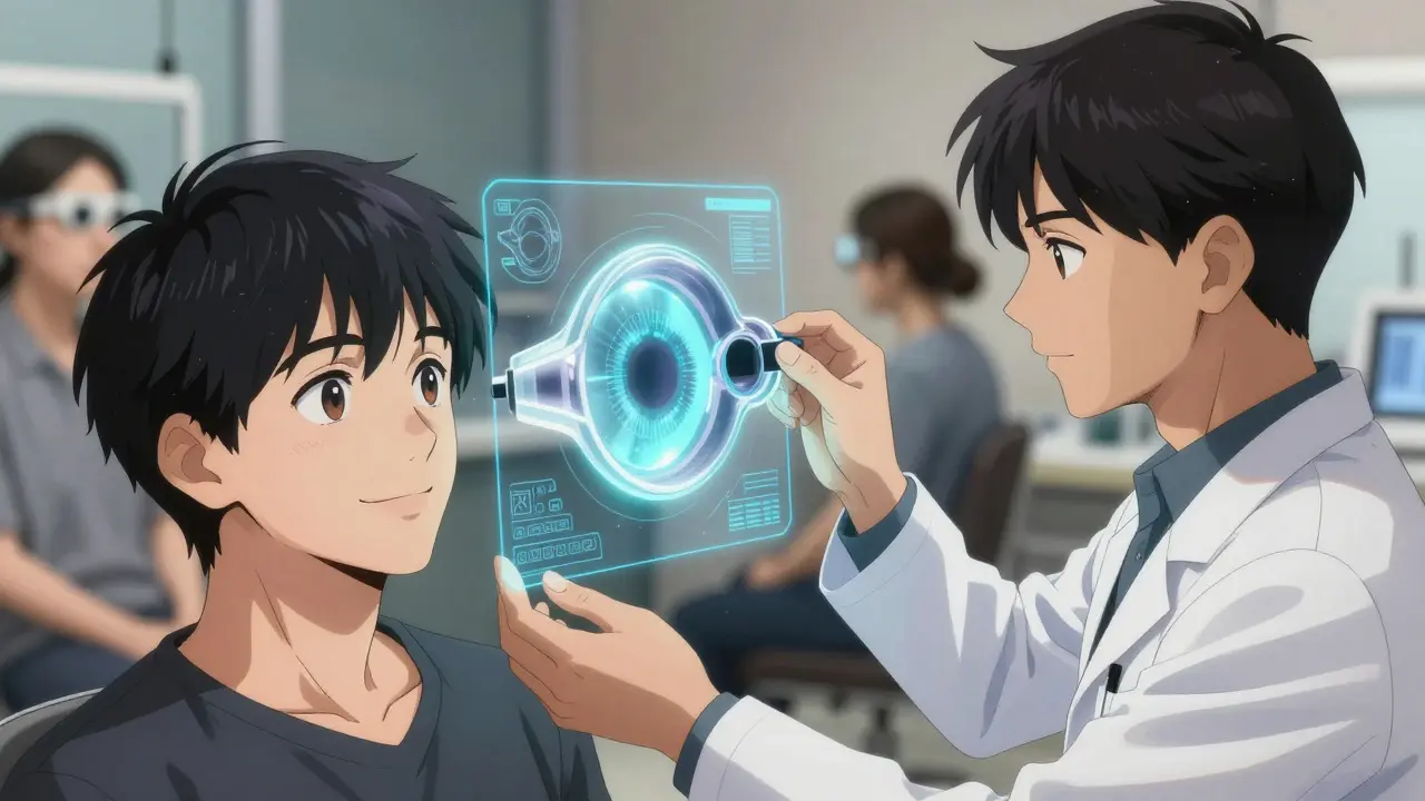 Optometrist designing a custom scleral lens using a holographic corneal scan.