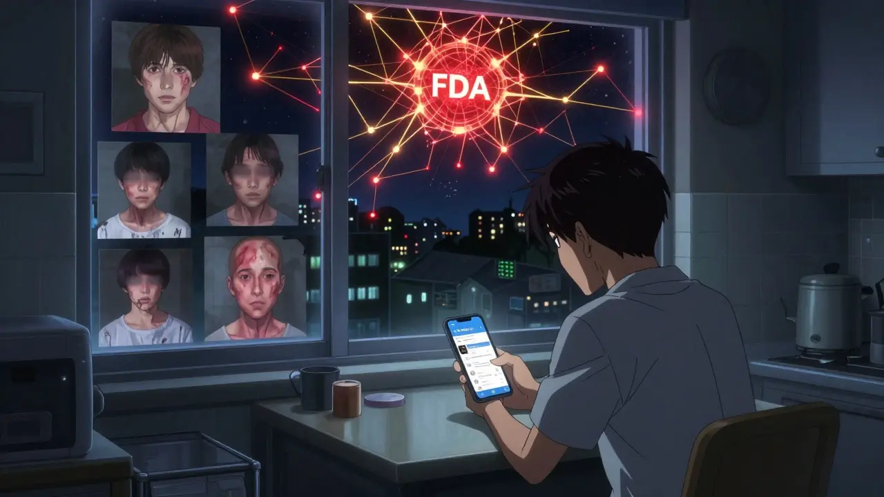 Patient at kitchen table reflecting visions of adverse reactions, MedWatch data network glowing above.