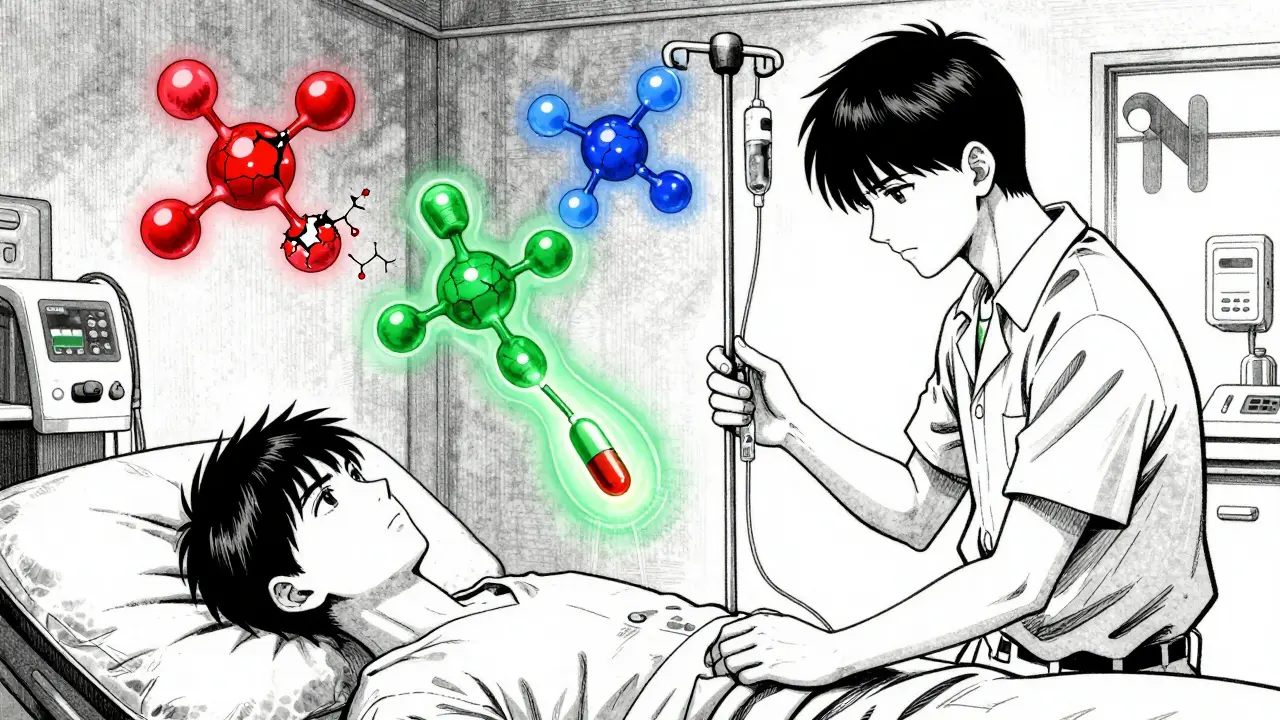 Patient receiving fentanyl IV with molecular structures of opioids and glowing kappa receptor pathway