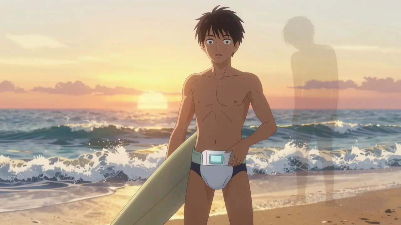 Patient standing confidently on beach with hidden ostomy bag, holding surfboard at sunset.