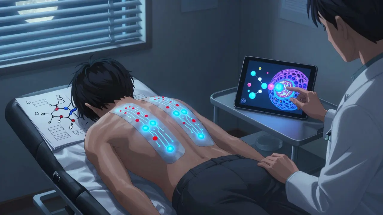 Patient with patch test strips on back, glowing reaction dots in a dim dermatology office.