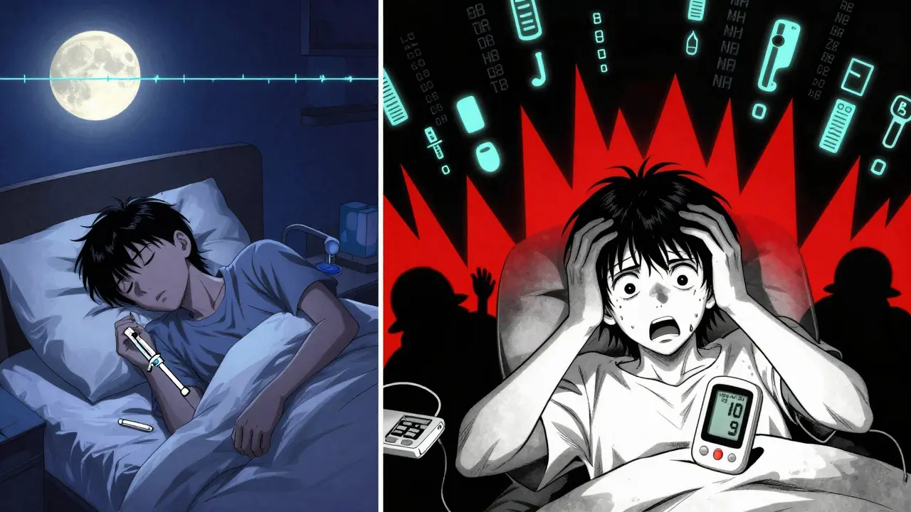 Person at night startled by hypoglycemia alarm, contrasting calm bedtime injection with chaotic nighttime panic.