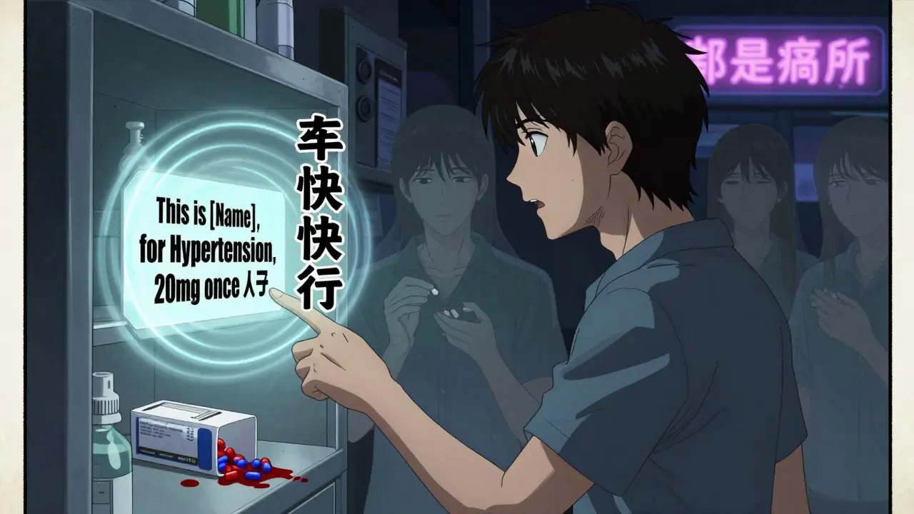 Person speaking medication details aloud at night, ghostly wrong pills surrounding them.