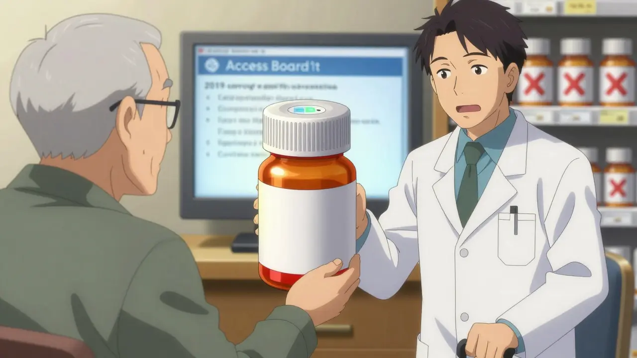 Pharmacist handing a senior a prescription bottle with textured cap and color-coded band in a well-lit pharmacy.