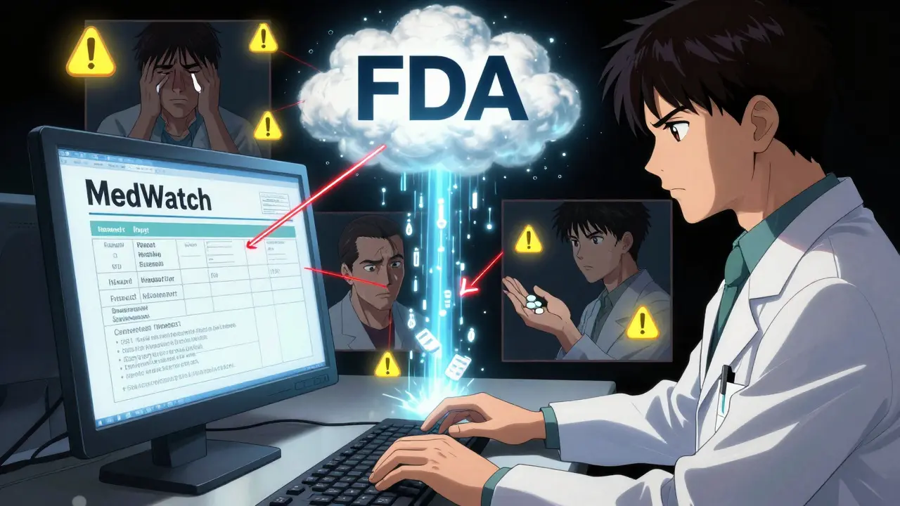 Pharmacist submitting a generic drug report as digital data flows into an FDA database.
