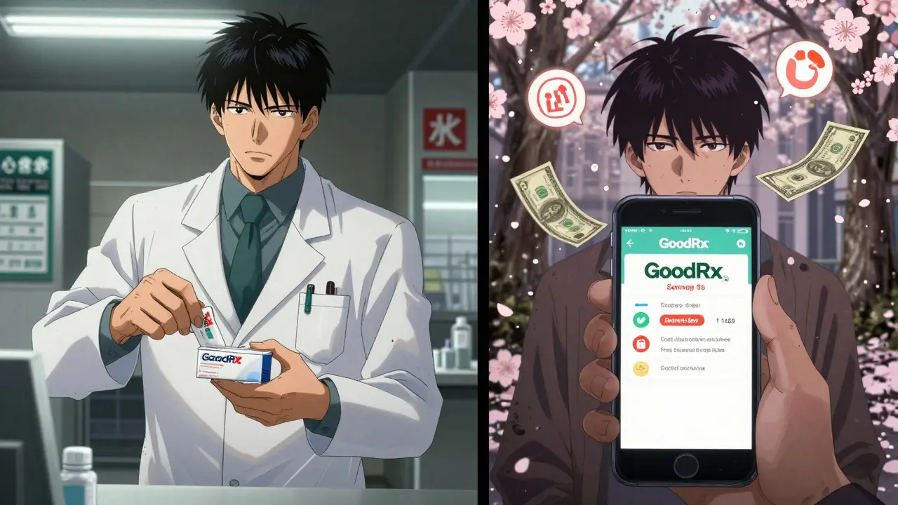 Pharmacist swapping medication as patient checks savings on phone, floating dollar icons in anime style.