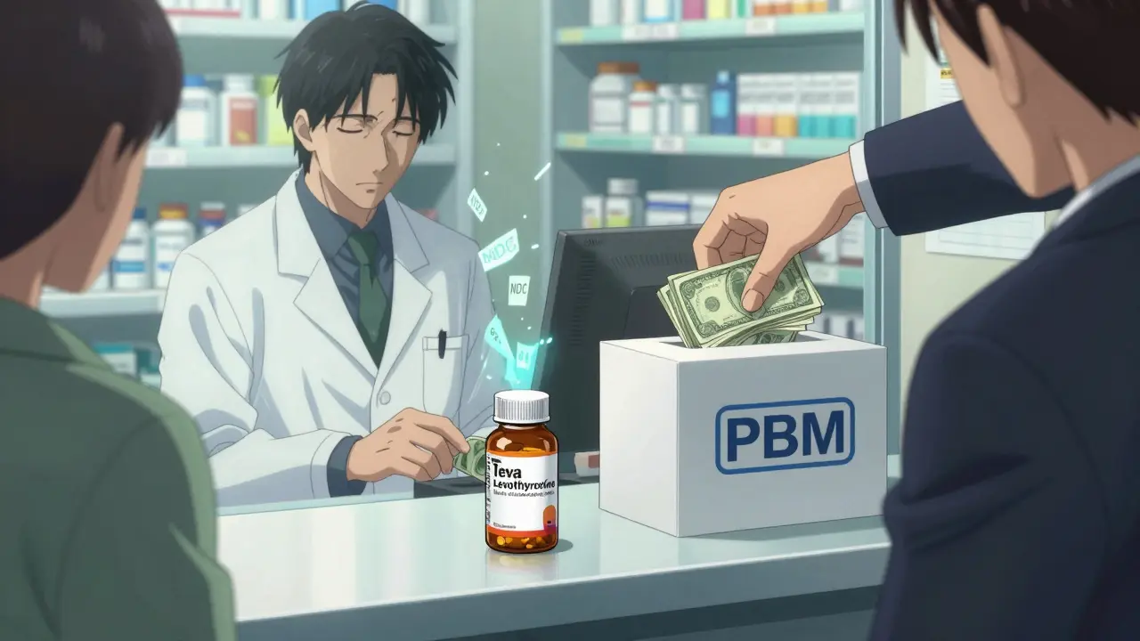 Pharmacist swapping pill bottles as corporate cash flows behind them, patient's reflection fading.