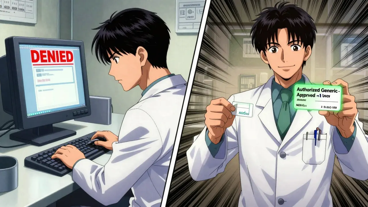 Pharmacist transitioning from denied claim alert to approved authorized generic label in pharmacy setting.