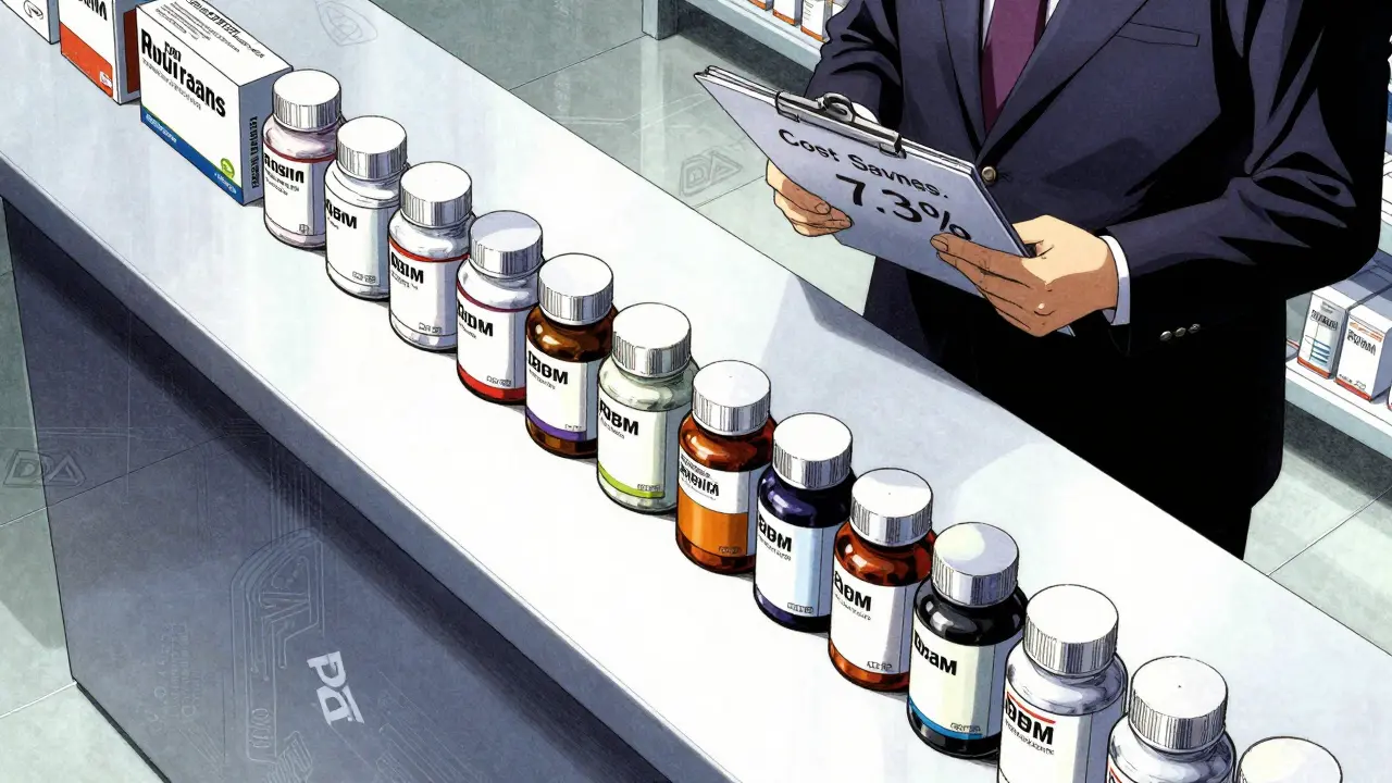 Pharmacy counter with brand-name and authorized generic pills arranged diagonally, PBM executive in background.