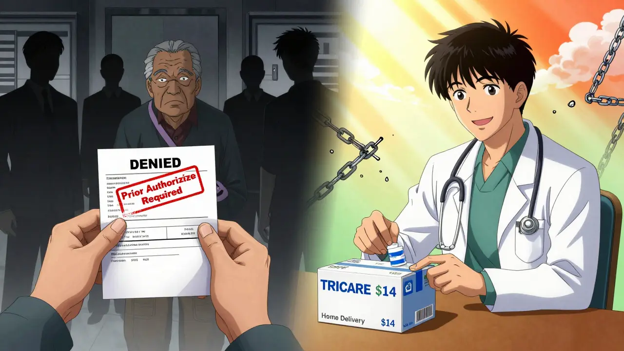 Retiree receiving denied generic vs. approved alternative with sunlight breaking through.