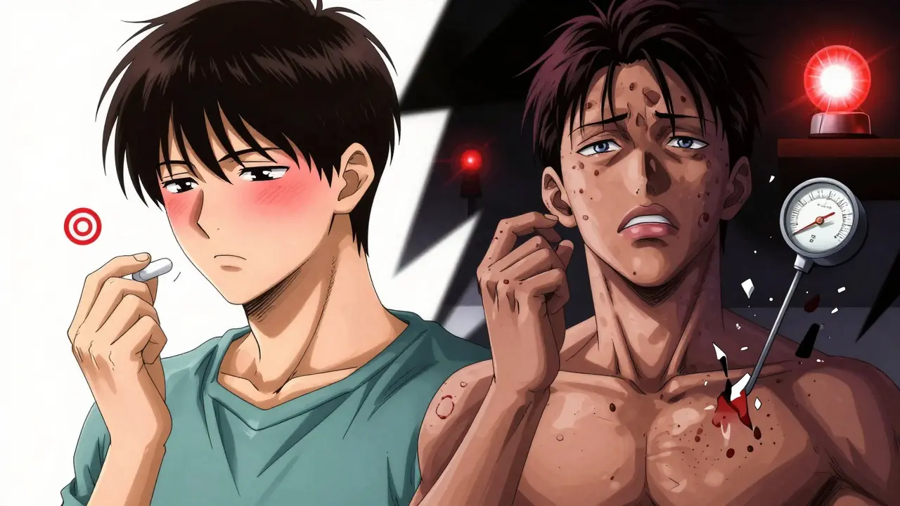 Side-by-side scenes: mild itching vs. severe allergic reaction with swelling and collapsing vitals