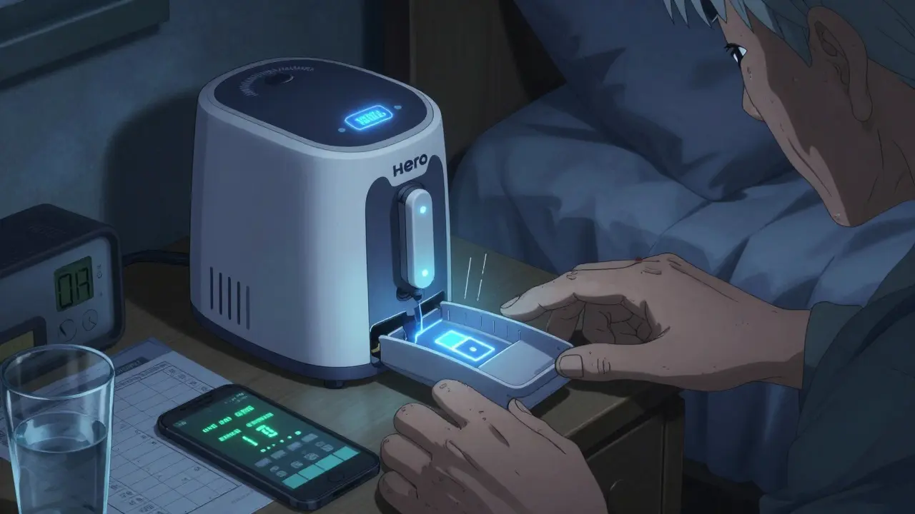 Smart medication dispenser glowing in a bedroom at night with phone alert and printed schedule nearby.