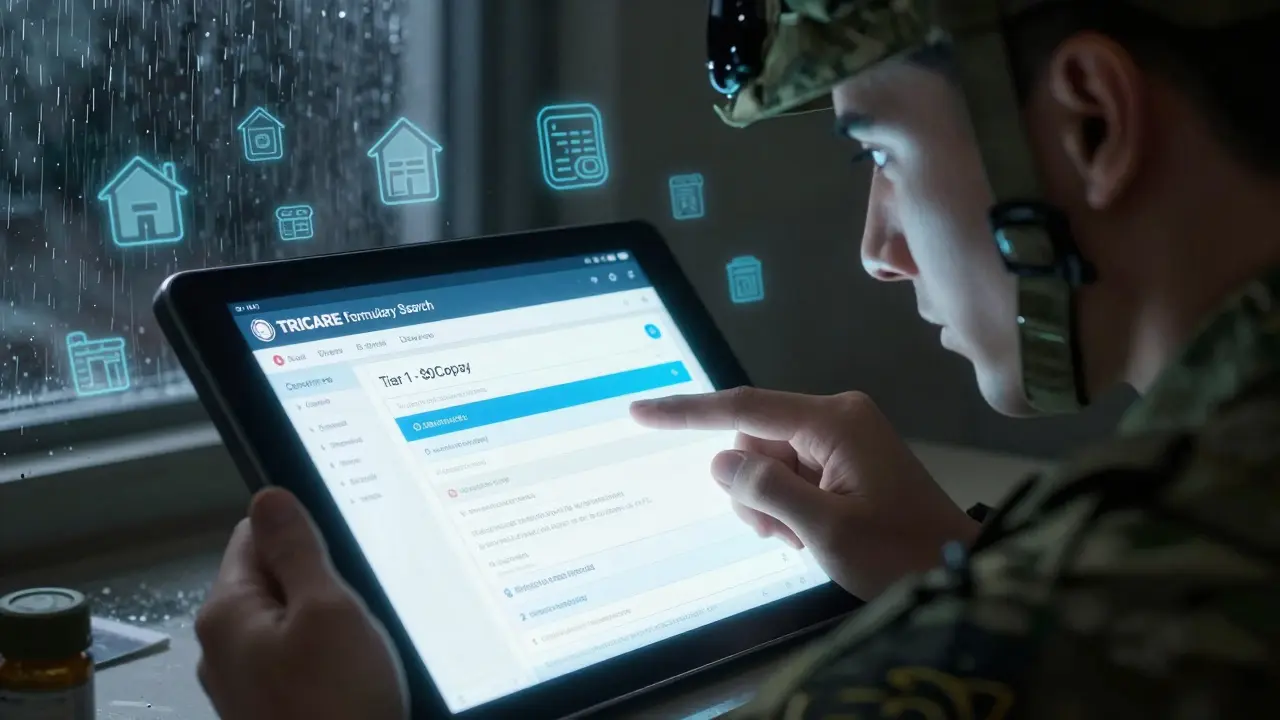 Soldier checking TRICARE formulary on a glowing tablet with drug coverage info.