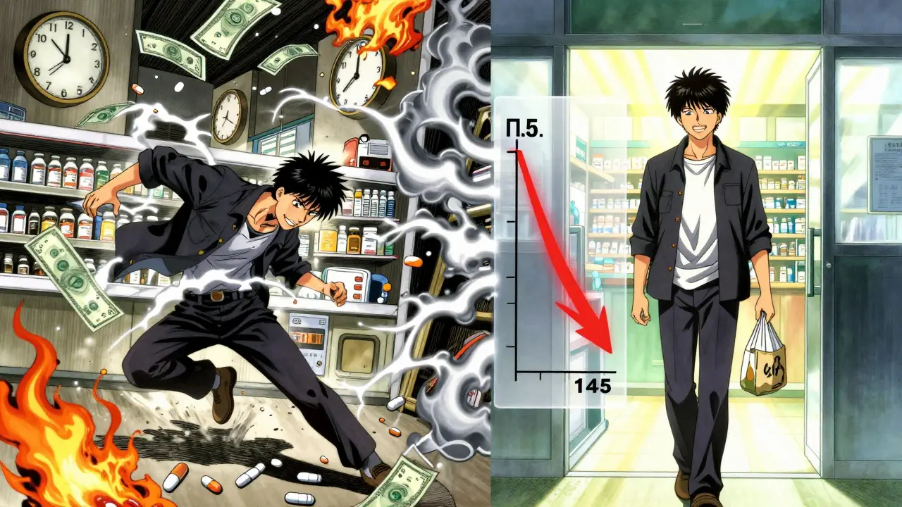 Split scene: chaotic medication chaos vs. calm monthly pharmacy visit with savings graph.