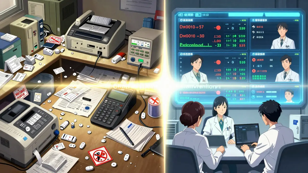 Split scene: chaotic old medical system vs. streamlined digital collaboration with real-time alerts.