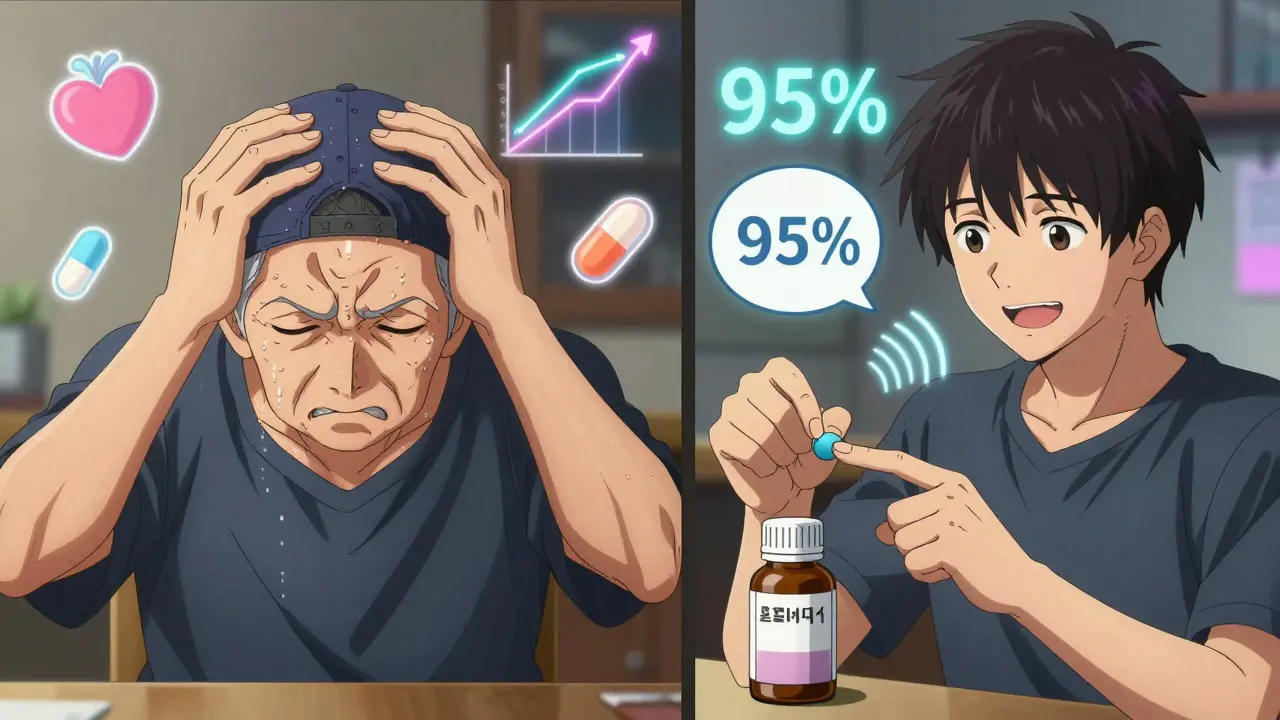 Split scene: frustrated senior struggling with cap vs. same person smiling while using audio label bottle.