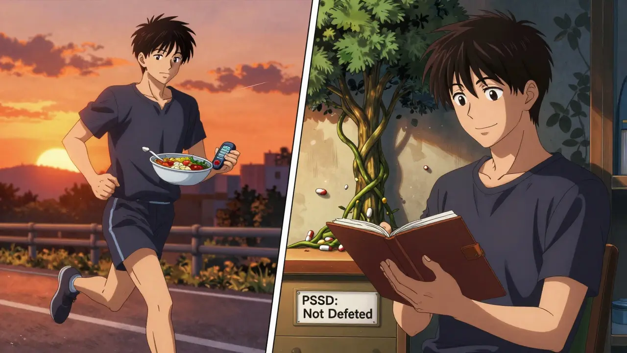 Split scene of a person managing SSRI side effects through exercise and monitoring, with symbolic growth from pills to trees.