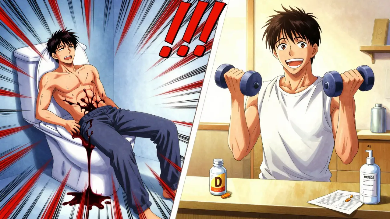 Split scene: one side shows muscle pain and dark urine, the other shows safe exercise with vitamin D supplements.