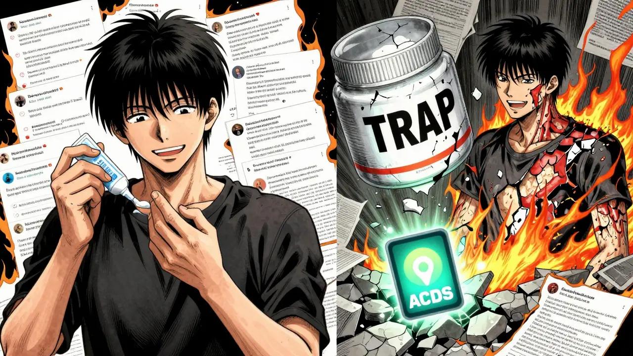 Split scene: person applying cream vs. skin cracking apart, with a crumbling jar and glowing app.