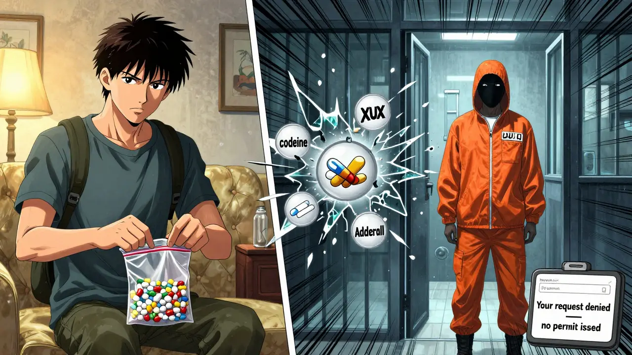 Split scene: traveler packing pills at home vs. same person in UAE prison cell, banned drugs shattering between.