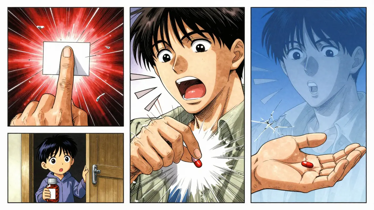 Three-panel sequence showing touch-say-take ritual with color shift from chaos to calm.