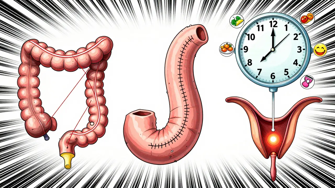 Three-stage J-pouch surgery illustrated as a sequential anatomical transformation with timeline icons.