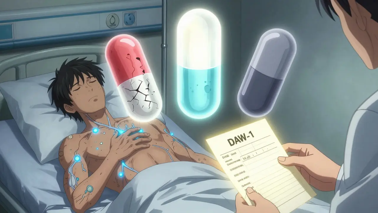 Transplant patient with glowing drug levels as three floating generic pills compete above their bed.