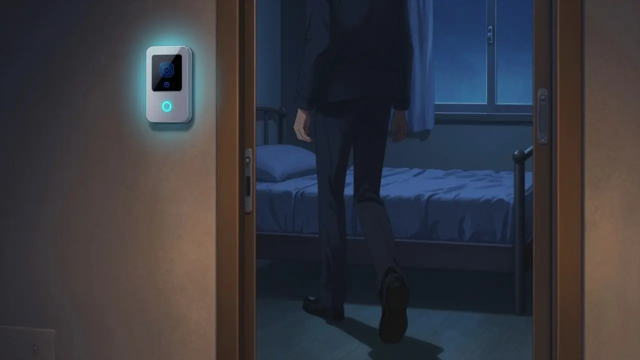 A bedroom door with a glowing alarm sensor as a sleepwalker approaches, walls clear and windows secured.