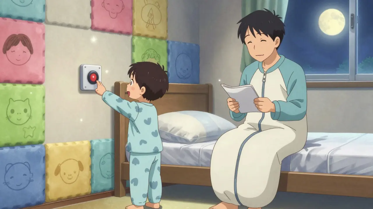 A child and adult together testing a safety alarm beside a low mattress and colorful padded walls.