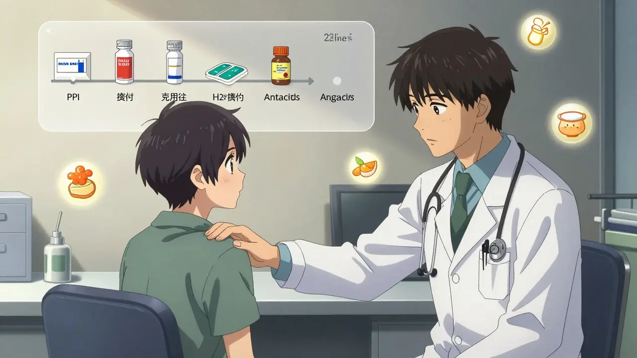 A doctor and patient discussing tapering off PPIs with lifestyle changes shown as glowing icons.