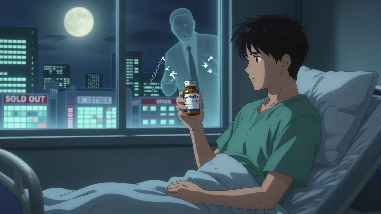 A patient at night holding a pill bottle as prices fade from high to low, with pharmacy skyline in the background.