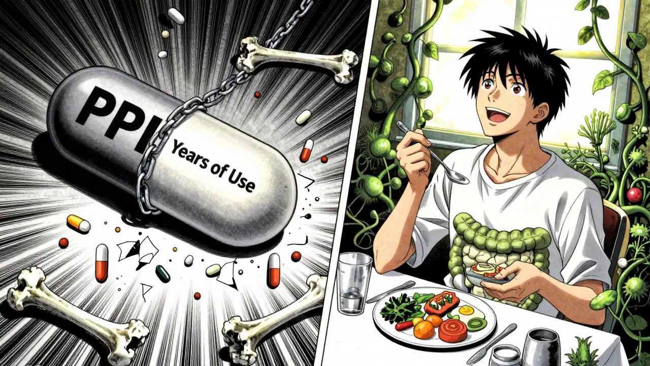 A person breaking free from PPI dependency, contrasted with healthy habits restoring balance.