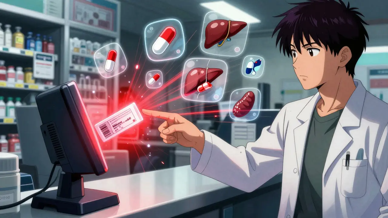 A pharmacist scanning a cold medicine bottle that displays a red alert for hidden NSAIDs.