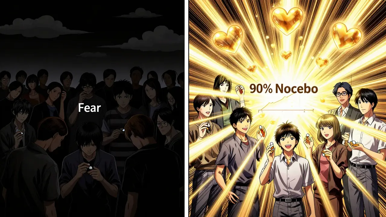 A split image: people in shadow fearing statins vs. same people glowing with confidence as heart-shaped light emerges.