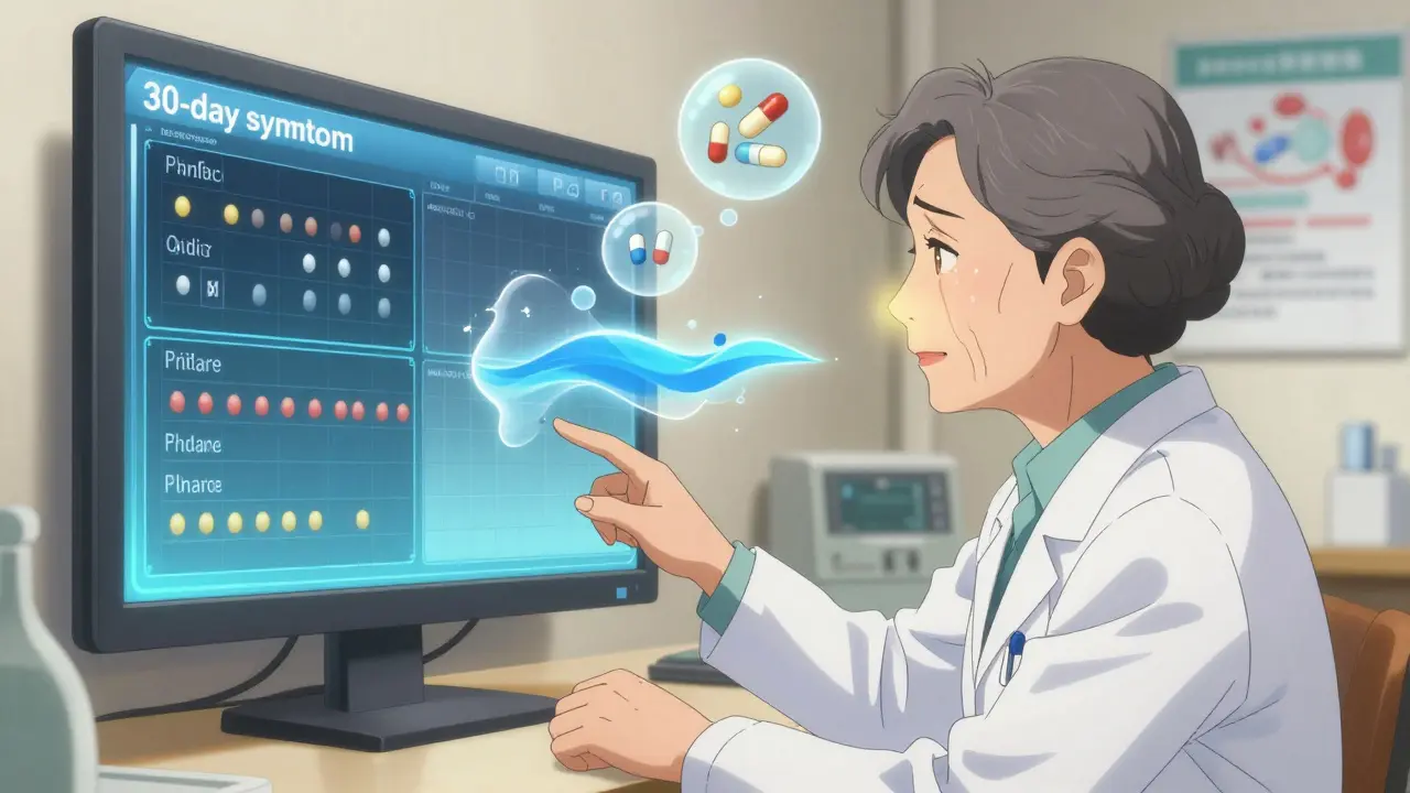 An elderly woman watches her symptom data on a screen, tears in her eyes as past fears fade into calm light.