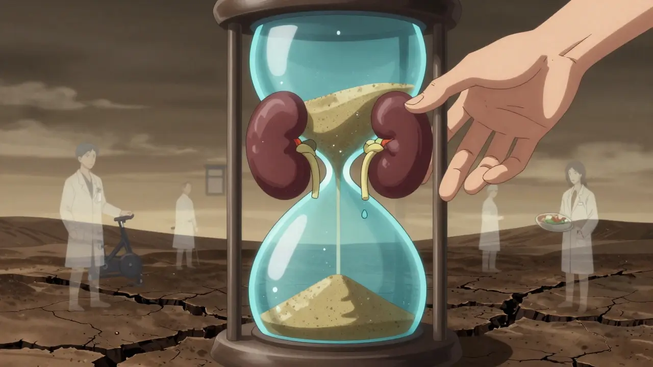 An hourglass with kidneys as the top chamber, water flowing into a desert representing kidney failure, with symbols of prevention nearby.