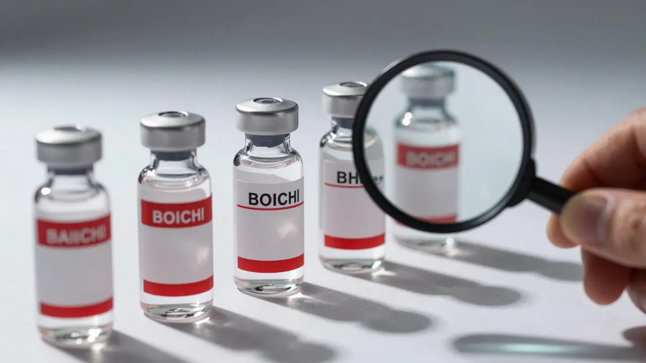 Close-up of insulin vials with varying strengths, healthcare worker using magnifying glass