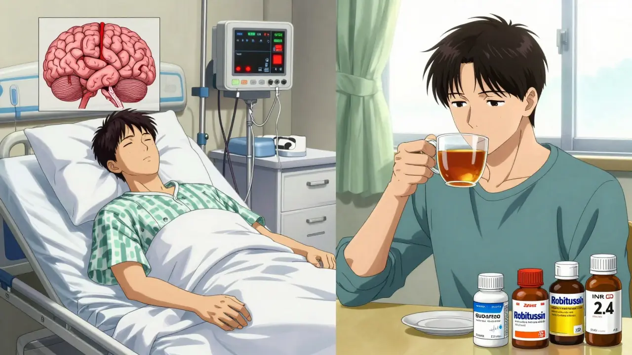 Contrasting scenes: one showing a hospital patient with a brain hemorrhage, the other a calm man safely using approved cold meds.