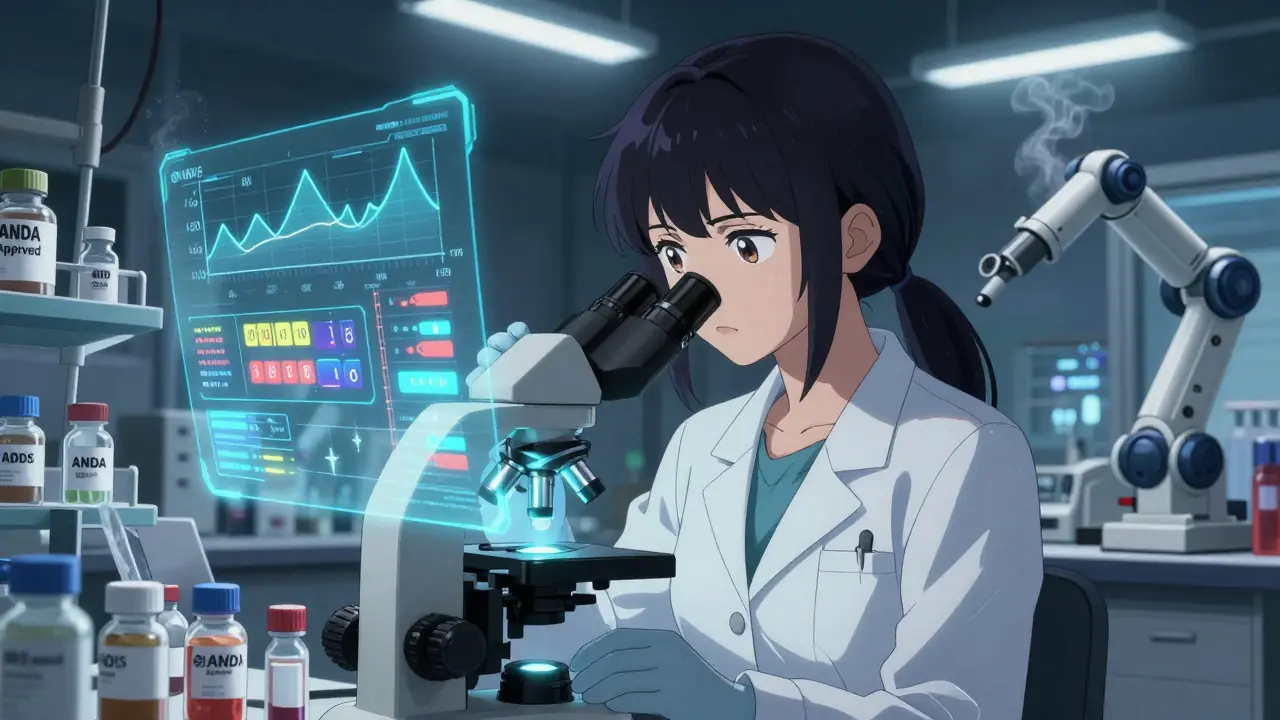 Female scientist analyzing blood data under a microscope in a high-tech FDA lab with a review clock ticking.