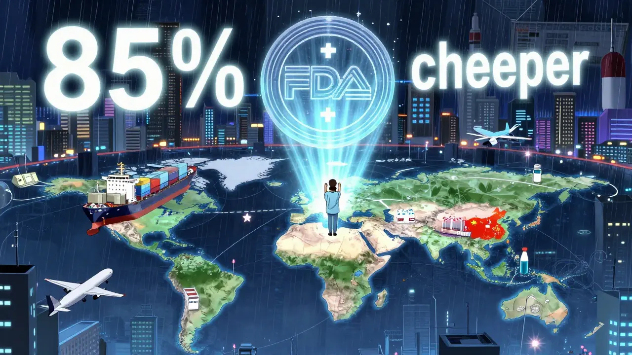 Global supply chain map with pharmaceutical shipments flowing to U.S. plants under an FDA guardian seal.